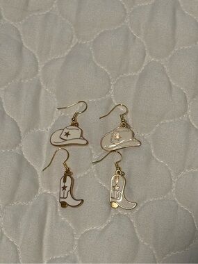 White Cowboy Hat & Boot Earrings - Gold Trim -(2 pairs)